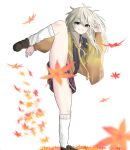  1girl arms_up autumn_leaves black_shirt blonde_hair blue_eyes brown_shoes cardigan commentary_request convenient_censoring falling_leaves full_body high_kick highres kasukabe_tsumugi kicking kneehighs leaf necktie open_cardigan open_clothes ren256 shirt shoes skirt smile socks solo teeth thighs voicevox white_background white_socks yellow_cardigan yellow_necktie 