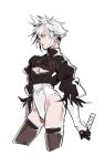  1boy 2b_(nier:automata) 2b_(nier:automata)_(cosplay) black_leotard black_thighhighs chocobobun cleavage_cutout clothing_cutout cloud_strife commentary cosplay cropped_legs crossdressing crossdressing_(mtf) english_commentary feather_trim final_fantasy final_fantasy_vii grey_eyes grey_hair hair_between_eyes highleg highleg_leotard highres juliet_sleeves leotard long_sleeves male_focus multicolored_leotard parted_lips pectorals puffy_sleeves short_hair solo spiked_hair thighhighs thighs turtleneck turtleneck_leotard two-tone_leotard white_background white_leotard 