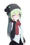  1girl arm_at_side artist_request beanie black_hat black_shirt black_skirt buttons closed_mouth clover commentary_request corrupted_twitter_file cowboy_shot double-parted_bangs four-leaf_clover green_hair hair_between_eyes hand_up hat highres jacket korean_commentary light_blush light_smile long_bangs long_hair long_sleeves looking_at_viewer purple_eyes red_scarf scarf second-party_source shirt simple_background skirt solo standing stellive straight_hair virtual_youtuber white_background white_jacket yuzuha_riko 