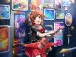  1girl aijou_karen badge bang_dream! black_shirt bouquet bow bowtie brown_eyes brown_hair cosplay crown_ornament electric_guitar game_cg guitar gun holding holding_guitar holding_instrument instrument knife lance looking_at_viewer official_art open_mouth picture_frame polearm rapier red_bow red_bowtie red_skirt revolver sailor_collar shirt short_hair short_sleeves shoujo_kageki_revue_starlight shoujo_kageki_revue_starlight_-re_live- sidelocks skirt smile solo sparkle standing sword toyama_kasumi toyama_kasumi_(cosplay) two_side_up upper_body v-shaped_eyebrows weapon white_sailor_collar 
