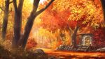  absurdres autumn autumn_leaves brick_wall building commentary_request cottage_(building) door firewood forest highres house leaf mailbox_(incoming_mail) morning nature no_humans orange_theme original outdoors pei_(sumurai) rock scenery shadow stairs sunlight tile_roof tree wooden_door 