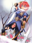  1girl archer_(ragnarok_online) armored_skirt arrow_(projectile) bare_tree black-framed_eyewear black_thighhighs blue_eyes blue_shirt blush boots bow_(weapon) breasts brown_boots brown_gloves commentary_request eyes_in_shadow feet_out_of_frame glasses gloves grey_sky hair_ornament hairclip hand_hair highres holding holding_bow_(weapon) holding_weapon looking_at_viewer medium_breasts muneate ngo_(ngo_dandelion) open_mouth outdoors panties pantyshot pink_hair polka_dot polka_dot_panties quiver ragnarok_online shirt short_hair short_sleeves sky snow solo thighhighs tree underwear weapon white_panties 