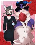 2025 2_horns 4:5 absurd_res big_breasts black_hair bottomwear bouquet bow_(feature) bow_tie breasts bulge clothed clothing collared_shirt colored_nails digital_media_(artwork) dragon dress dress_pants dress_shirt eeveelution eyes_closed female fingerless_gloves fingers flower flower_bouquet footwear frozenartifice fur generation_2_pokemon generation_6_pokemon gloves hair handwear heart_eyes heart_symbol hi_res holding_arm holding_bouquet holding_flower holding_object horn hybrid hybrid_pokemon ira_(frozenartifice) legwear looking_at_viewer male mammal mythological_creature mythological_scalie mythology nails nintendo open_mouth orange_eyes pants plant pokemon pokemon_(species) purple_body rose_(flower) scalie shirt simple_background smile stockings suit_jacket sylveon tail thick_thighs topwear umbreon wedding wedding_dress wedding_portrait white_body wide_hips