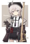  1girl ahoge black_gloves black_hat black_necktie black_skirt bolt_action brown_jacket cheyanne_(girls'_frontline_2) cheytac_m200 closed_mouth collared_shirt commentary_request fujii_jun girls'_frontline girls'_frontline_2:_exilium gloves grey_eyes grey_hair gun hair_between_eyes hat holding holding_weapon jacket long_sleeves looking_at_viewer m200_(girls'_frontline) necktie open_clothes open_jacket pleated_skirt rifle shirt simple_background skirt sniper_rifle solo suspender_skirt suspenders weapon white_shirt 