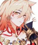  1boy arm_tattoo armlet black_coat blonde_hair braid chest_tattoo clawed_gauntlets coat commentary_request facial_tattoo ggaerok gold_necklace gradient_hair highres honkai:_star_rail honkai_(series) jewelry korean_commentary looking_at_viewer male_focus medium_hair multicolored_hair mydei_(honkai:_star_rail) necklace open_clothes open_coat red_hair red_tattoo side_braid solo tattoo twitter_username watermark yellow_eyes 