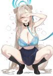 1girl animal_ears asuna_(blue_archive) black_collar black_shoes black_socks blue_archive blue_bra blue_eyes blue_ribbon blush bra breasts cleavage collar commentary covering_own_eyes dog_ears dog_girl dog_tail fang hair_over_one_eye hair_ribbon halo harenchi heart highres huge_breasts kemonomimi_mode leash long_hair looking_at_viewer open_mouth pleated_skirt pussy_juice ribbon shoes simple_background skin_fang skirt socks solo spread_legs squatting sweat symbol-only_commentary tail underwear very_long_hair white_background 