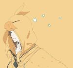  1girl aerith_gainsborough aerith_gainsborough_(chocobo_suit) amulet bird_costume bird_hood black_choker brown_hair chocobo choker closed_mouth d.k final_fantasy final_fantasy_vii final_fantasy_vii:_ever_crisis green_eyes light_smile official_alternate_costume parted_bangs smile solo upper_body yellow_background 