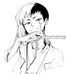  1boy asagiri_gen asymmetrical_hair closed_mouth dr._stone folded_fan folding_fan hand_fan highres holding holding_fan japanese_clothes looking_at_viewer male_focus monochrome multicolored_hair scar simple_background smile solo split-color_hair tatara_5738 twitter_username two-tone_hair upper_body white_background 