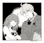  1boy 1girl ahoge artist_name border chaldea_no_mono cloak commentary crossed_arms fate/grand_order fate_(series) fujimaru_ritsuka_(female) fujimaru_ritsuka_(female)_(decisive_battle_chaldea_uniform) gloves greyscale grin high_collar long_hair long_sleeves looking_at_another looking_down looking_up low_ponytail medium_hair monochrome ponytail smile smirk somemiya_suzume 