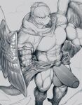 abs absurd_res anthro avian balls beak bird elden_ring_nightreign erection feathers foreskin fromsoftware genitals glans guardian_(nightreign) hi_res humanoid_genitalia humanoid_penis male mixterart muscular muscular_anthro muscular_male pecs penis portrait shield simple_background sketch solo