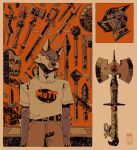  1boy animal_ears artist_logo axe battle_axe belt big_squid_man body_fur closed_mouth club_(weapon) collage commentary cowboy_shot dagger english_commentary eyebrow_cut film_grain furry furry_male hammer head_tilt helm helmet highres knife label limited_palette logo looking_to_the_side mace male_focus museum orange_background orange_theme original ornate_weapon pants parted_lips polearm print_shirt shield shirt shirt_tucked_in short_sleeves snout solo spear standing straight-on sword t-shirt text_print too_many two-tone_fur war_hammer weapon white_shirt wolf_boy 