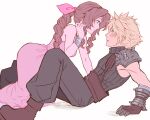  1boy 1girl aerith_gainsborough armor assertive_female baggy_pants bandaged_arm bandages bangle bare_shoulders belt blonde_hair blue_eyes blush boots bracelet braid braided_ponytail breasts brown_belt brown_boots brown_gloves brown_hair cloud_strife commentary couple dress english_commentary final_fantasy final_fantasy_vii final_fantasy_vii_rebirth final_fantasy_vii_remake gloves green_eyes grey_pants grey_shirt hair_ribbon hand_in_own_hair hetero highres jewelry long_dress long_hair looking_at_another medium_breasts multiple_belts pants parted_bangs parted_lips pauldrons pink_dress pink_lips pink_ribbon ribbed_shirt ribbon shirt short_hair shoulder_armor sidelocks single_braid single_pauldron sleeveless sleeveless_dress sleeveless_turtleneck smile softp3ach spiked_hair sundress suspenders turtleneck white_background 