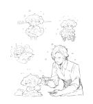  1boy 1girl :< ^_^ bird carrying carrying_under_arm character_request child closed_eyes collared_shirt commentary_request cup dress_shirt drooling duck facial_hair flying_sweatdrops greyscale heart highres holding holding_cup holding_saucer holding_teapot ikeuchi_tanuma monochrome mouth_drool no_shoes original parted_lips pillow saucer shirt simple_background sleeping socks standing stubble teacup teapot translation_request triangle_mouth tricycle twintails under_covers vest white_background zzz 