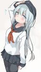  1girl anchor_symbol arm_up bad_id black_hat black_pantyhose black_sailor_collar black_skirt blue_eyes blue_hair blush flat_cap grey_background hair_between_eyes hand_on_own_hat hat hibiki_(kancolle) highres kantai_collection kayahara long_hair long_sleeves looking_at_viewer neckerchief pantyhose pleated_skirt red_neckerchief sailor_collar school_uniform serafuku simple_background skirt solo 