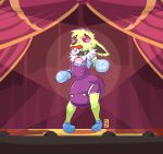 ambiguous_gender anthro artist_logo black_collar blue_clothing blue_footwear blue_handwear blue_shirt blue_topwear blush blush_lines bodily_fluids bondage_gear bondage_gloves booties brown_inner_ear brown_nose button_(fastener) character_name clothed clothing cloud_(babdork) collar collar_tag diaper diaper_under_clothing diaper_under_onesie dljoe ear_piercing ears_down eeveelution footwear fur generation_1_pokemon green_body green_fur handwear humiliation jolteon lock_symbol logo nintendo object_in_mouth on_stage onesie pacifier pacifier_in_mouth piercing pivoted_ears pokemon pokemon_(species) public public_humiliation purple_eyes purple_onesie shiny_pokemon shirt solo stage stage_curtains stage_lights standing sweat text topwear wearing_diaper