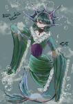  1girl absurdres air_bubble blue_background breasts bubble chestnut_mouth cleavage closed_eyes corset dress eyelashes fins fish frilled_dress frilled_sleeves frills full_body furisode_sleeves head_fins highres japanese_clothes jewelry kimono long_bangs looking_to_the_side mermaid monster_girl neck_ring omaega_chan parted_bangs pointed_crown purple_corset short_hair sketch sleeves_past_fingers sleeves_past_wrists solo steam touhou wakasagihime wavy_hair 
