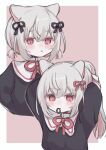  1girl :t adjusting_hair alternate_hairstyle animal_ears arazan_(ara_arazan24) arms_up black_dress black_ribbon blush border cat_ears commentary_request cropped_torso dress hair_ornament hair_ribbon hair_tie_in_mouth long_hair low_twintails mouth_hold multicolored_hair multiple_views neck_ribbon no_headwear outside_border pink_background pink_eyes pink_hair pink_ribbon ponytail ribbon sayo_(voicevox) short_hair short_twintails twintails tying_hair voicevox white_border white_hair 