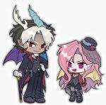  1boy 1girl antlers arm_at_side ascot asymmetrical_horns asymmetrical_wings bat_hat_ornament bat_wings black_coat black_hair black_hat black_pants black_shoes black_skirt black_vest blue_wings cane chibi closed_mouth coat commentary curtained_hair discord_(my_little_pony) empty_eyes english_commentary erkengek facial_hair fang fang_out fangs feathered_wings flower flutterbat fluttershy frilled_sleeves frills full_body garter_straps gloves goatee grey_thighhighs hand_on_cane hand_on_own_hip hand_up hat hat_flower high-low_skirt highres horns lapels long_hair long_sleeves looking_at_viewer mini_hat mini_top_hat mismatched_horns mismatched_wings multicolored_hair my_little_pony my_little_pony:_friendship_is_magic open_mouth pants parted_bangs peaked_lapels personification pink_hair pointy_ears purple_wings red_eyes red_flower red_rose rose shoes short_hair simple_background skirt slit_pupils smile smirk standing thighhighs top_hat two-tone_hair v-shaped_eyebrows vampire vest white_ascot white_background white_gloves white_hair wings yellow_wings 