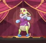 ambiguous_gender anthro artist_logo black_collar blue_clothing blue_footwear blue_handwear blue_shirt blue_topwear blush blush_lines bodily_fluids bondage_gear bondage_gloves booties brown_inner_ear brown_nose button_(fastener) character_name clothing cloud_(babdork) collar collar_tag diaper dljoe ear_piercing ears_down eeveelution feces footwear fur generation_1_pokemon genital_fluids green_body green_fur handwear humiliation jolteon lock_symbol logo nintendo object_in_mouth on_stage onesie pacifier pacifier_in_mouth piercing pivoted_ears pokemon pokemon_(species) public public_humiliation purple_eyes purple_onesie shiny_pokemon shirt soiled_diaper solo stage stage_curtains stage_lights standing stink_fumes sweat text topwear unclean_diaper urine used_diaper wet_diaper