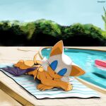 1:1 2025 anthro bat beach_towel bikini black_bikini black_clothing black_swimwear breasts butt clothing crossed_arms eyelashes eyes_closed eyeshadow female glistening glistening_butt hi_res lying makeup mammal membrane_(anatomy) membranous_wings on_front rouge_the_bat sega solo sonic_the_hedgehog_(series) soranygyart swimming_pool swimwear tan_body towel two-piece_swimsuit wings