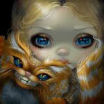  2015 alice_(alice_in_wonderland) alice_in_wonderland ambiguous_gender blonde_hair blue_eyes cheshire_cat cheshire_cat_(species) domestic_cat duo eyebrows felid feline felis female feral formal_art fur hair human jasmine_becket-griffith lips looking_at_viewer low_res makeup mammal painting_(artwork) pale_skin pink_lips smile stripes tail thin_eyebrows traditional_media_(artwork) traditional_painting_(artwork) 