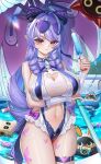  1girl afloat ahoge alternate_breast_size_(larger) animal_print arm_under_breasts bagboo_(zenless_zone_zero) bangboo_(zenless_zone_zero) bare_shoulders blue_gemstone blurry blurry_foreground bow bowtie breasts butterfly_print camera can closed_mouth clothing_cutout commentary_request cowboy_shot devilboo_(zenless_zone_zero) drill_hair drill_sidelocks eous_(zenless_zone_zero) eyewear_on_head food frilled_one-piece_swimsuit frilled_wrist_cuffs frills gem hair_bow hair_intakes heart heart-shaped_eyewear heart_cutout highres holding holding_camera holding_food holding_popsicle holding_umbrella large_breasts long_hair looking_at_viewer mole mole_under_eye multicolored_umbrella navel official_alternate_costume one-piece_swimsuit paid_reward_available pink_umbrella pointy_ears pool popsicle purple-tinted_eyewear purple_bow purple_bowtie purple_hair purple_nails red_eyes sharkboo_(zenless_zone_zero) sideboob_cutout sidelocks sky_wbo sparkle splashing stomach_cutout swim_ring swimsuit thigh_strap tinted_eyewear two-tone_one-piece_swimsuit umbrella vivian_banshee vivian_banshee_(iris_of_the_shore) white_one-piece_swimsuit wrist_cuffs zenless_zone_zero 