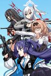  5girls assault_rifle black_gloves black_hair black_hairband black_serafuku black_skirt black_suit black_thighhighs blue_archive blue_background blue_hair blue_jacket breasts brown_hair chinatsu_(blue_archive) commentary_request garter_belt glasses gloves grey_jacket gun hair_between_eyes hair_ribbon hairband halo handgun hasumi_(blue_archive) head_wings highres holding holding_gun holding_weapon jacket jacket_partially_removed large_breasts long_hair long_sidelocks long_sleeves looking_ahead medium_breasts millennium_science_school_logo multiple_girls nogawa_seroly out_of_frame pointy_ears ribbon rifle rin_(blue_archive) school_uniform serafuku shirt sidelocks sig_mpx single_head_wing skirt submachine_gun suit suzumi_(blue_archive) thighhighs two-sided_fabric two-sided_jacket two-sided_suit two_side_up weapon weapon_request white_hair white_jacket white_shirt white_suit wings yuuka_(blue_archive) 