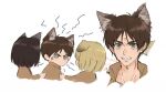  1girl 2boys anger_vein animal_ear_fluff animal_ears armin_arlert black_hair blonde_hair brown_hair brown_jacket cat_boy cat_ears cat_girl cat_tail chibi clenched_teeth commentary_request cropped_jacket eren_yeager furrowed_brow green_eyes hand_on_another's_arm highres jacket kemonomimi_mode mikasa_ackerman multiple_boys parted_bangs parted_lips red_scarf scarf shingeki_no_kyojin short_hair sweatdrop szm_426 tail teeth twitter_username white_background 