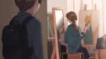  1boy 1girl backpack bag black_bag brown_hair easel facing_away fox_girl from_behind grey_jacket grey_skirt highres holding holding_paintbrush jacket kojiro337 long_hair looking_at_mirror mirror original paintbrush painting_(action) plaid_clothes plaid_skirt ponytail school short_hair sitting skirt track_jacket watermark 