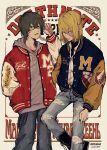  2boys belt black_boots black_jacket blonde_hair boots character_name collared_shirt commentary_request copyright_name dated death_note denim feet_out_of_frame goggles grey_hair grey_hoodie hair_between_eyes hair_bun half_updo hand_in_pocket highres hood hood_down hoodie jacket jacket_over_hoodie jeans letterman_jacket looking_at_viewer male_focus matt_(death_note) mello_(death_note) multiple_boys no_eyebrows noko_(noko1280) pants parted_lips red_jacket shirt short_hair smile torn_clothes torn_pants twitter_username white_shirt white_sleeves yellow_sleeves 