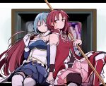  2girls absurdres back-to-back bare_shoulders blue_eyes blue_hair blue_skirt cape commentary_request couple detached_sleeves dress frilled_dress frills gloves high-low_dress highres holding holding_hands holding_polearm holding_weapon long_hair mahou_shoujo_madoka_magica mahou_shoujo_madoka_magica_(anime) miki_sayaka miki_sayaka_(magical_girl) mixed-language_commentary multiple_girls orange_eyes pachio_(patioglass) partial_commentary pink_skirt polearm red_dress red_hair sakura_kyoko sakura_kyoko_(magical_girl) short_hair sitting skirt smile soul_gem thighhighs weapon white_cape white_gloves white_thighhighs yuri 