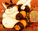 5:4 anon antennae_(anatomy) anthro arthropod autumn_leaves bee belly bench brown_body brown_fur bumble_beans_(fujiyamasamoyed) bumble_bee_(species) bus_stop bus_stop_sign canid canine dialogue duo fujiyama_samoyed fur hi_res hybrid hymenopteran insect macro male mammal maple_tree on_bench overweight overweight_anthro overweight_male plant public_park raccoon_dog shaded simple_background sitting sitting_on_another sitting_on_bench size_difference soft_shading stubby_legs tanuki tree watermark wings