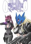  black_bodysuit blacktailmon blush bodysuit breasts cleavage digimon digimon_(creature) digimon_story:_time_stranger eye_mask finger_on_trigger gun highres holding holding_gun holding_weapon long_hair mask mouth_mask purple_eyes purple_hair purple_lips ryo_n7dgmn shiroki_asuna slit_pupils smirk third_eye twintails underboob upper_body weapon 