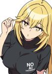  1girl black_shirt blonde_hair breasts commentary crossed_bangs hair_between_eyes highres large_breasts long_hair looking_at_viewer open_mouth playing_with_own_hair r_harbinger shirt shokuhou_misaki short_sleeves solo star-shaped_pupils star_(symbol) symbol-shaped_pupils toaru_kagaku_no_mental_out toaru_kagaku_no_railgun toaru_majutsu_no_index upper_body very_long_hair white_background yellow_eyes 