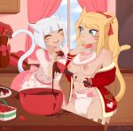 2018 bib blonde_hair breasts candy chocolate cooking dessert detailed_background diaper duo felid feline feline_ears female finger_in_mouth flower food fruit grey_hair hair holidays humanoid kitchen looking_at_another mammal merunyaa plant rose_(flower) strawberry valentine's_day window