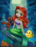 2014 ariel_(disney) arthropod blue_eyes bra breasts clothing crab crustacean decapod detailed_background disney female feral fin fish flounder flounder_(disney) group hair humanoid humanoid_merfolk jasmine_becket-griffith long_hair malacostracan male marine merfolk painting_(artwork) prince_eric_(disney) red_hair seashell_bra sebastian_(disney) sitting split_form tail tail_fin text the_little_mermaid the_little_mermaid_(1989) traditional_media_(artwork) traditional_painting_(artwork) trio underwear