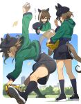  1girl animal_ears ball baseball baseball_(object) baseball_mitt black_shorts black_socks blue_eyes blush breasts brown_hair cheval_grand_(casual)_(umamusume) cheval_grand_(umamusume) closed_eyes closed_mouth ear_covers ears_through_headwear green_hoodie hair_between_eyes hat highres holding holding_unworn_clothes holding_unworn_hat hood hood_down hoodie horse_ears horse_girl horse_tail long_sleeves multicolored_hair multiple_girls nishiki_kazue open_mouth pitching shirt shoes shorts socks streaked_hair tail umamusume unworn_hat unworn_headwear white_hair white_shirt 