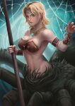  1girl amulet arachne_(castlevania) arthropod_girl blonde_hair bra breasts brown_bra bug castlevania:_legacy_of_darkness castlevania_(series) cleavage geravass grey_eyes highres holding holding_polearm holding_weapon monster_girl navel orange_nails polearm signature silk solo spear spider spider_girl spider_web underwear vambraces weapon 