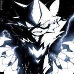  black_background claws commentary_request electricity glowing greyscale grin highres horns mega_pokemon mega_zeraora monochrome pokemon pokemon_(creature) pokemon_focus single_horn smile solo teeth twitter_username upper_body v-shaped_eyes zeraora zeraorush_(hkvn7723) 