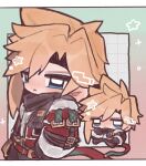  1boy belt black_gloves black_scarf blonde_hair blue_eyes blush blym7oym7759061 christmas closed_mouth cloud_strife cloud_strife_(holiday_outfit) commentary final_fantasy final_fantasy_vii final_fantasy_vii:_ever_crisis fur-trimmed_jacket fur_trim gloves highres jacket looking_at_viewer male_focus multiple_views official_alternate_costume open_clothes open_jacket red_belt red_jacket scarf short_hair spiked_hair star_(symbol) symbol-only_commentary 