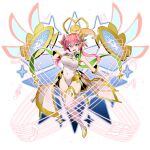  1girl absurdres bass_clef beamed_sixteenth_notes bell blonde_hair blue_eyes boots breasts commentary_request covered_navel duel_masters eighth_note flower glowing glowing_wings gold_trim green_hair_ornament hair_between_eyes hair_flower hair_ornament half_note high_ponytail highres leotard multicolored_eyes multicolored_hair musical_note musical_staff neck_bell open_mouth orange_hair pink_eyes pink_hair ponytail quarter_note rafululu_love_(duel_masters) sixteenth_note solo teeth thigh_boots tomiyama_mishiro upper_teeth_only white_background white_leotard wings 