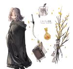  1girl black_cloak blush book boots branch brown_boots brown_hair cloak combat_knife cowboy_shot elden_ring english_text finger flask highres hood hooded_cloak knife leaf light_blush looking_at_viewer melina_(elden_ring) melo_(_suzume_o_) one_eye_closed paper quill round-bottom_flask severed_finger short_hair simple_background weapon white_background yellow_eyes yellow_leaves 