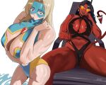  2girls amulet areola_slip arm_under_breasts ass bare_shoulders black_choker black_hair black_nails black_one-piece_swimsuit blonde_blazer blonde_hair blue_eyes blue_mask blue_one-piece_swimsuit breasts chair choker cleavage cleavage_cutout clothing_cutout colored_skin commentary covered_nipples criss-cross_halter demon_girl demon_horns demon_tail dispatch domino_mask earrings english_commentary eye_mask gem hair_over_shoulder halterneck hand_up highleg highleg_one-piece_swimsuit highres horns jewelry large_breasts long_hair looking_at_viewer looking_down lounge_chair malevola_(dispatch) mask mugi_(mugit49) multiple_girls muscular muscular_female nail_polish navel one-piece_swimsuit orange-tinted_eyewear parted_bangs parted_lips partially_visible_vulva pointy_ears red_gemstone red_skin signature sitting smile spread_legs stomach sunglasses swimsuit tail teeth thick_thighs thighs tinted_eyewear toned toned_female tongue tongue_out two-tone_one-piece_swimsuit upper_teeth_only wet 