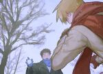  2boys arm_up bare_tree black_coat black_hair blue_gloves blue_scarf bwawnded coat commentary english_commentary gloves grey_coat highres holding holding_snowball lapels long_sleeves male_focus mob_psycho_100 multiple_boys notched_lapels open_mouth outdoors red_scarf reigen_arataka scarf serizawa_katsuya short_hair smile snowball snowball_fight snowing tree winter 