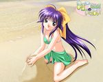  andou_mahoro beach bikini green_bikini green_eyes green_sarong hair_ribbon kneeling logo long_hair mahoromatic non-web_source open_mouth purple_hair ribbon sand sand_sculpture sarong solo swimsuit wallpaper 