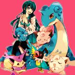  1girl azumarill blue_eyes blue_hair chatot clefairy danganronpa:_trigger_happy_havoc danganronpa_(series) delcatty jigglypuff lapras maizono_sayaka music non-web_source own_hands_together pink_background pokemon pokemon_(creature) pokemon_team school_uniform singing smile yyy246 