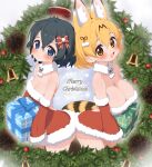  2girls :d absurdres alternate_costume animal_ear_fluff animal_ears ass-to-ass black_hair blonde_hair blue_eyes blush bow box breasts brown_eyes christmas cleavage commentary cowboy_shot detached_sleeves dress extra_ears fang fur-trimmed_dress fur-trimmed_sleeves fur_trim gift gift_box hair_between_eyes hair_bow highres holding holding_gift kaban_(kemono_friends) kemono_friends large_breasts looking_at_viewer medium_breasts merry_christmas mistletoe multiple_girls open_mouth ransusan red_bow red_dress santa_costume santa_dress serval_(kemono_friends) short_dress short_hair sleeveless smile strapless strapless_dress striped_tail tail 