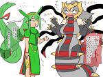  2girls absurdly_long_hair blush breasts commentary detached_sleeves fake_horns flying_sweatdrops giratina giratina_(origin) green_hair grey_hair horned_headwear horns kasugai_(de-tteiu) lamia large_breasts long_hair maiden_(kasugai_(de-tteiu)) monster_girl multiple_girls nose_blush personification pokemon rayquaza striped_bodysuit tensei_(kasugai_(de-tteiu)) translated very_long_hair waving_arms white_background yellow_eyes 