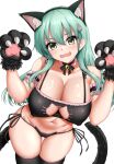  1girl akizuki_akina animal_ears animal_hands aqua_hair arm_garter bare_shoulders bell black_bra black_hairband black_panties black_ribbon black_thighhighs bra breasts cat_ear_panties cat_ears cat_girl cat_lingerie cleavage cleavage_cutout clothing_cutout collarbone commentary_request covered_nipples cowboy_shot embarrassed fake_animal_ears fake_tail frilled_bra frills from_above gloves hair_ornament hairband hairclip highres jingle_bell kantai_collection long_hair looking_at_viewer looking_up navel neck_garter neck_ribbon open_mouth panties paw_gloves ribbon side-tie_panties simple_background skindentation solo suzuya_(kancolle) tail thigh_gap thighhighs underwear underwear_only v-shaped_eyebrows w_arms wavy_mouth white_background yellow_eyes 