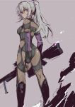  1girl absurdres anti-materiel_rifle bolt_action breasts closed_mouth commentary_request dark-skinned_female dark_skin expressionless feet_out_of_frame from_behind girls'_frontline girls'_frontline_2:_exilium grey_background grey_hair gun hair_between_eyes high_ponytail highres holding holding_gun holding_weapon long_hair looking_at_viewer looking_back nemesis_(girls'_frontline_2) ponytail purple_eyes rifle sig_san_511 sig_sauer simple_background sniper_rifle solo standing unfinished weapon yoto_(rinlin2) 